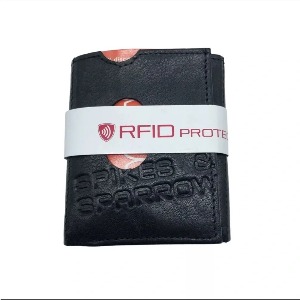 Spikes & Sparrow Black Leather Trifold RFID Blocking Wallet NIB Men’s Compact